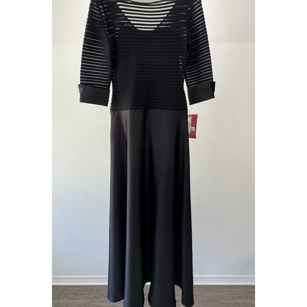 JS COLLECTIONS Black dress a Sheer in Ribbed Bodice and Sleeves,Satin Skirt SZ 6